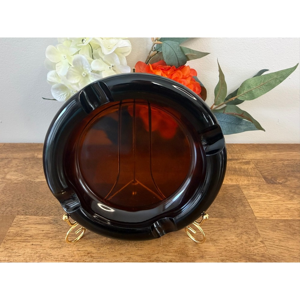Vintage Amber Glass Ashtray Heavy Round Retro Barware MCM‎ Man Cave Bar Cart